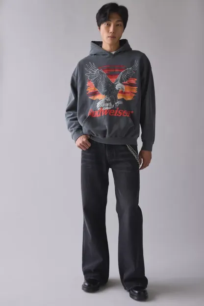 Budweiser Eagle Graphic Hoodie Sweatshirt - Washed Black