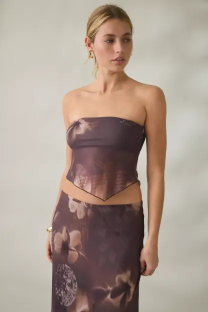 UO Shimmer Haze Printed Mesh Skirt 2-Piece Set - Brown