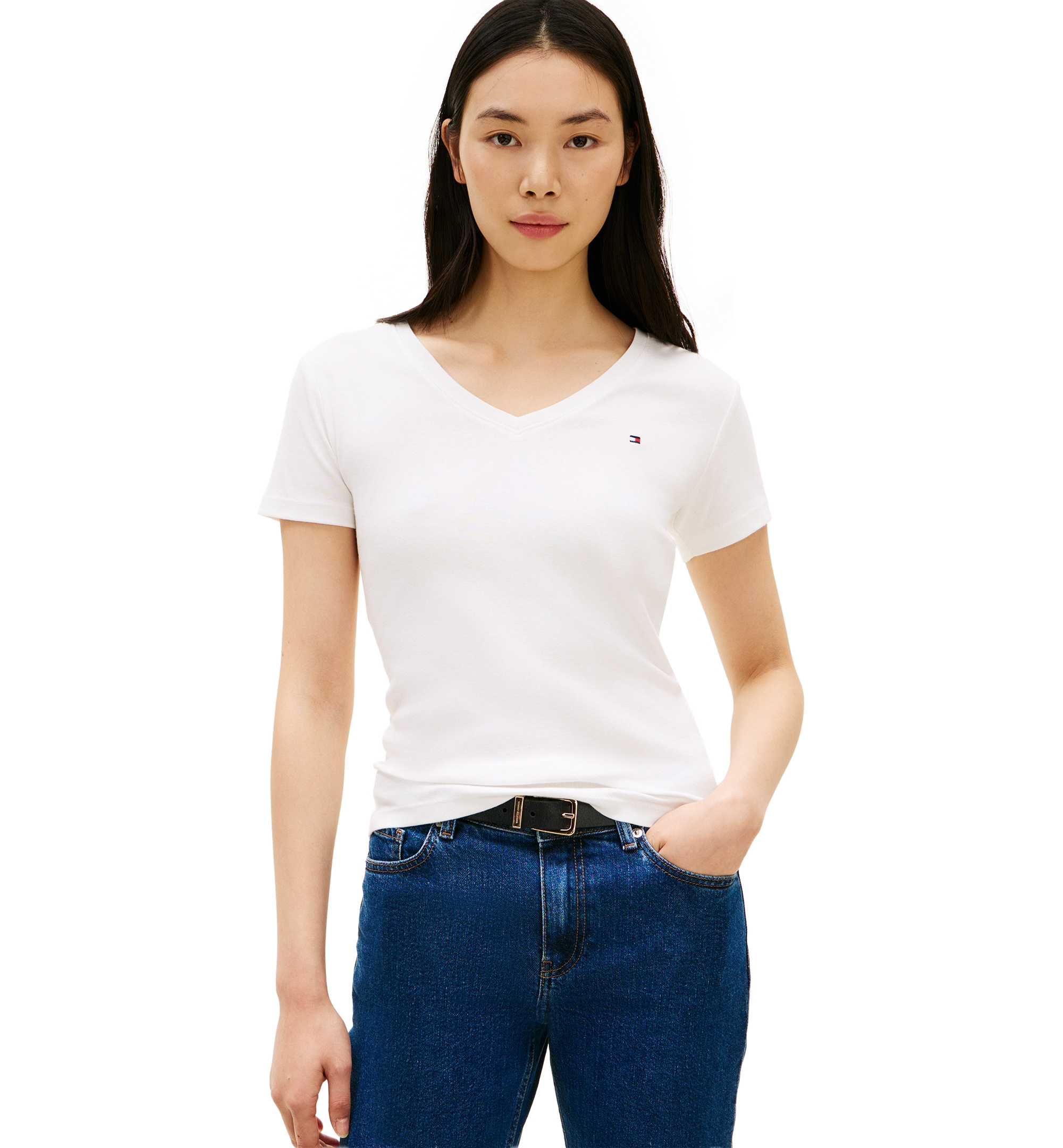Tommy Hilfiger Women's Rib Slim V-Neck Short-Sleeve T-Shirt - Black