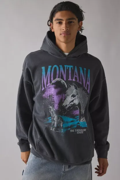 Montana Treasure State Graphic Hoodie Sweatshirt - Washed Black