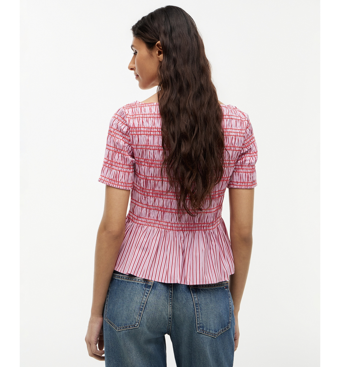 Tommy Hilfiger Women's Smocking Striped Boat Neck Cotton Top - Pink Multi Stripe