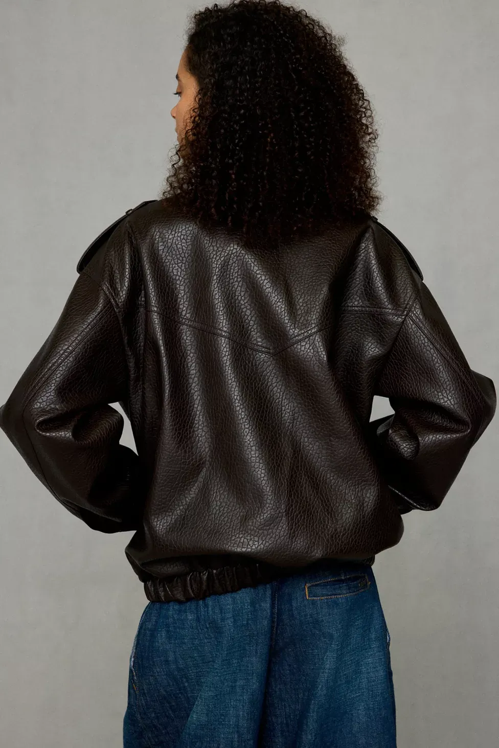 Azalea Wang UO Exclusive Narelle Oversized Faux Leather Bomber Jacket - Brown Faux Leather
