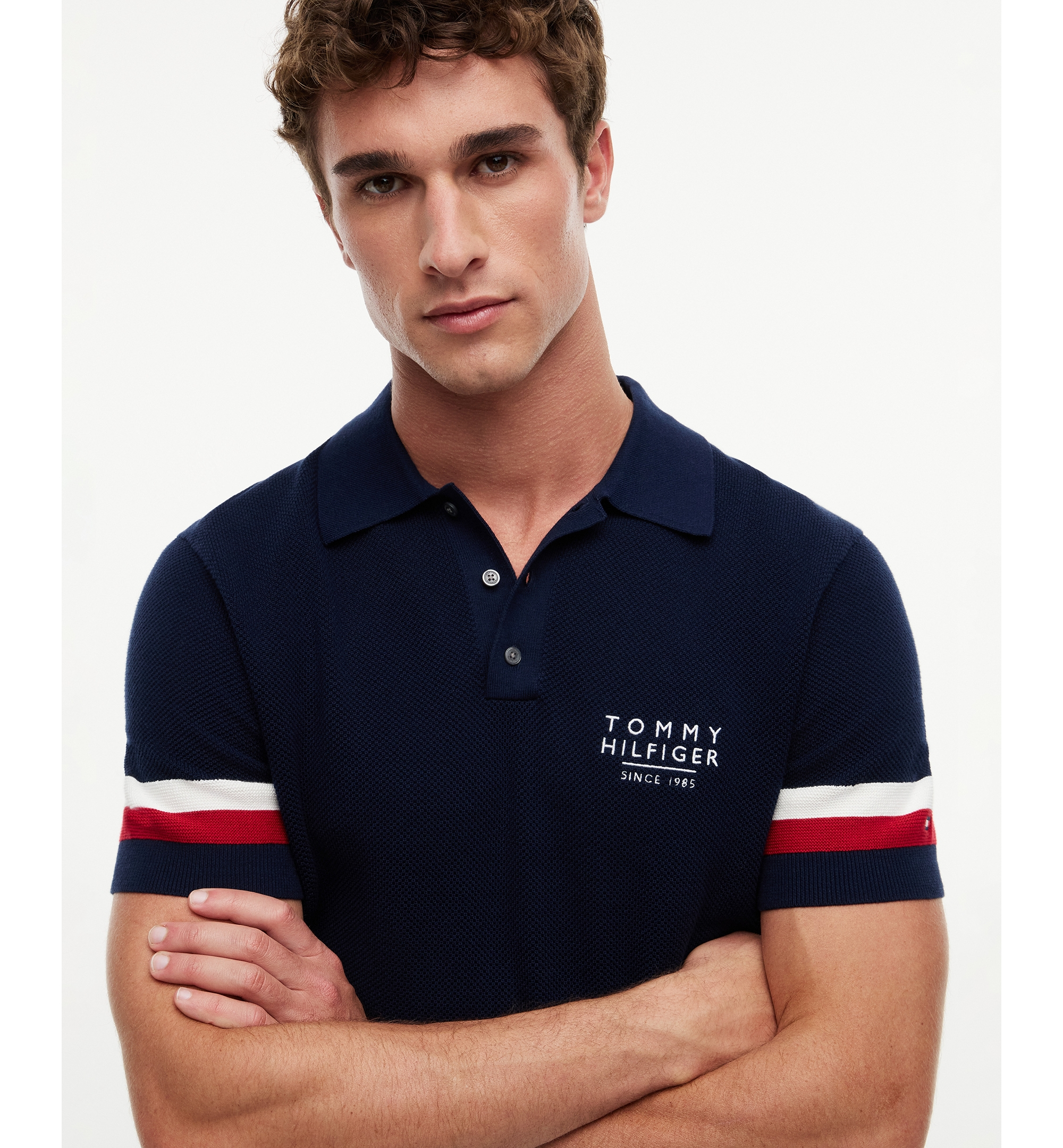 Tommy Hilfiger Men's Textured Red, White and Blue Short-Sleeve Sweater Polo - Carbon Navy