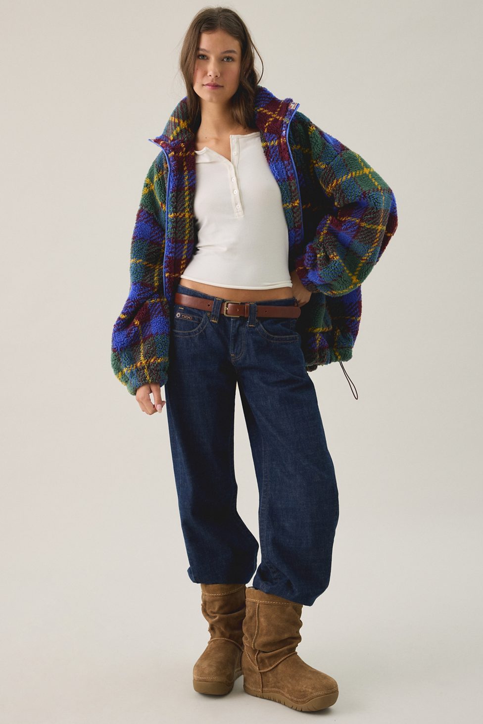 BDG Mae Printed Piled Fleece Zip-Up Jacket - Green Multi