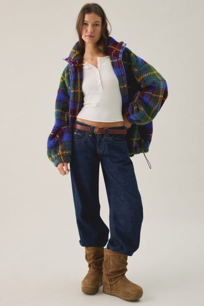 BDG Mae Printed Piled Fleece Zip-Up Jacket - Green Multi