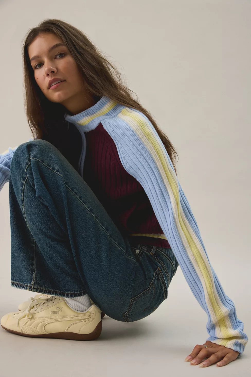BDG Ruby Ribbed Knit Mockneck Zip-Up Cardigan - Red Multi