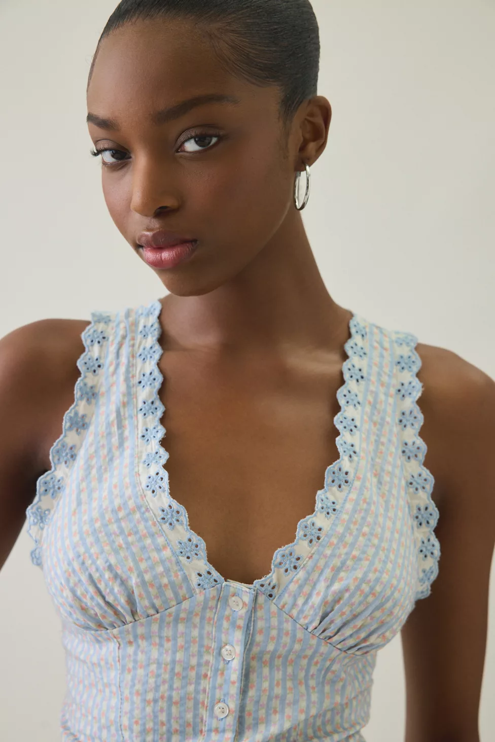 Kimchi Blue It's A Vibe Eyelet Lace Trim Corset Tank Top - Blue Multi