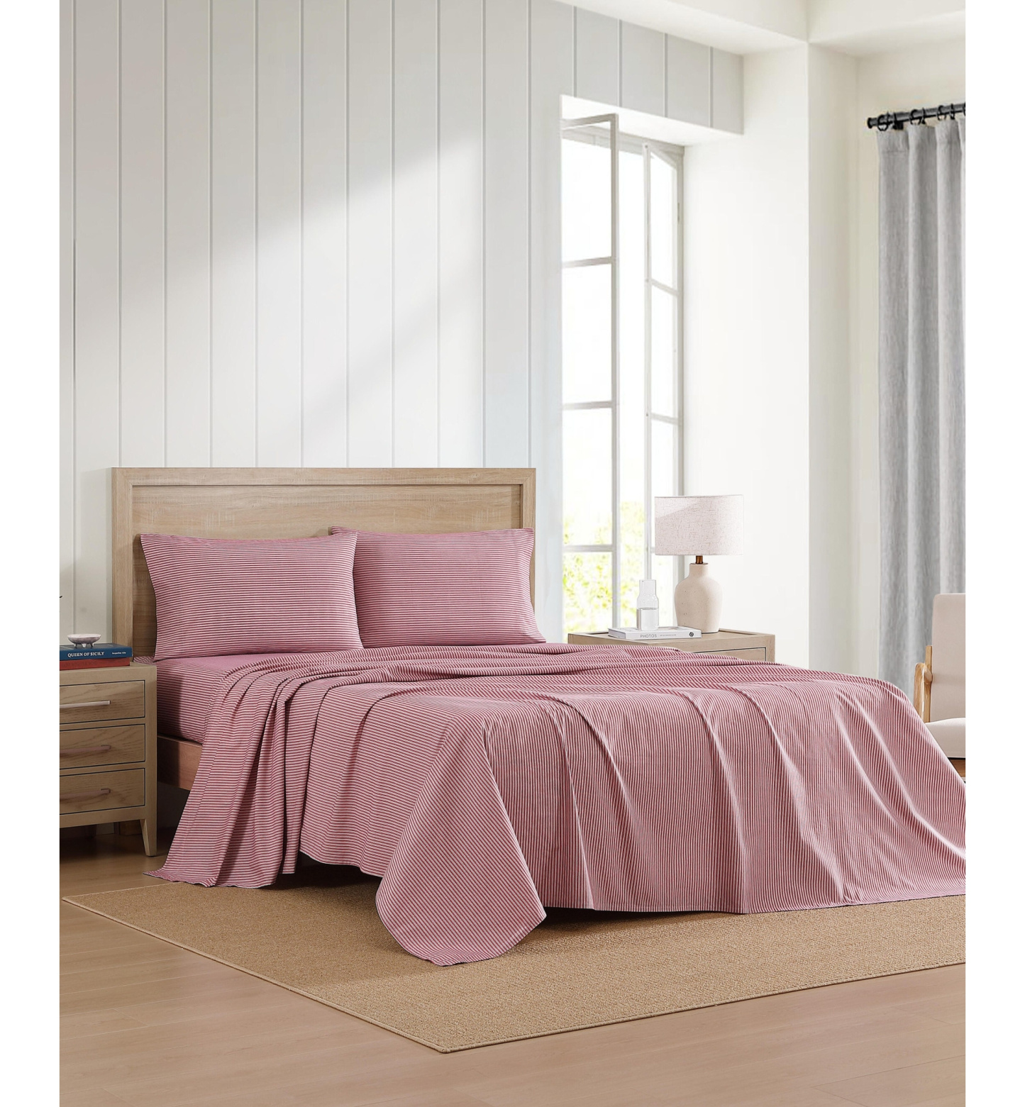 Tommy Hilfiger Printed 200-Thread Count Cotton Percale Sheet Set - Highland Ticking Stripe Red
