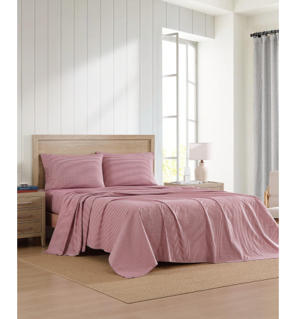Tommy Hilfiger Printed 200-Thread Count Cotton Percale Sheet Set - Highland Ticking Stripe Red
