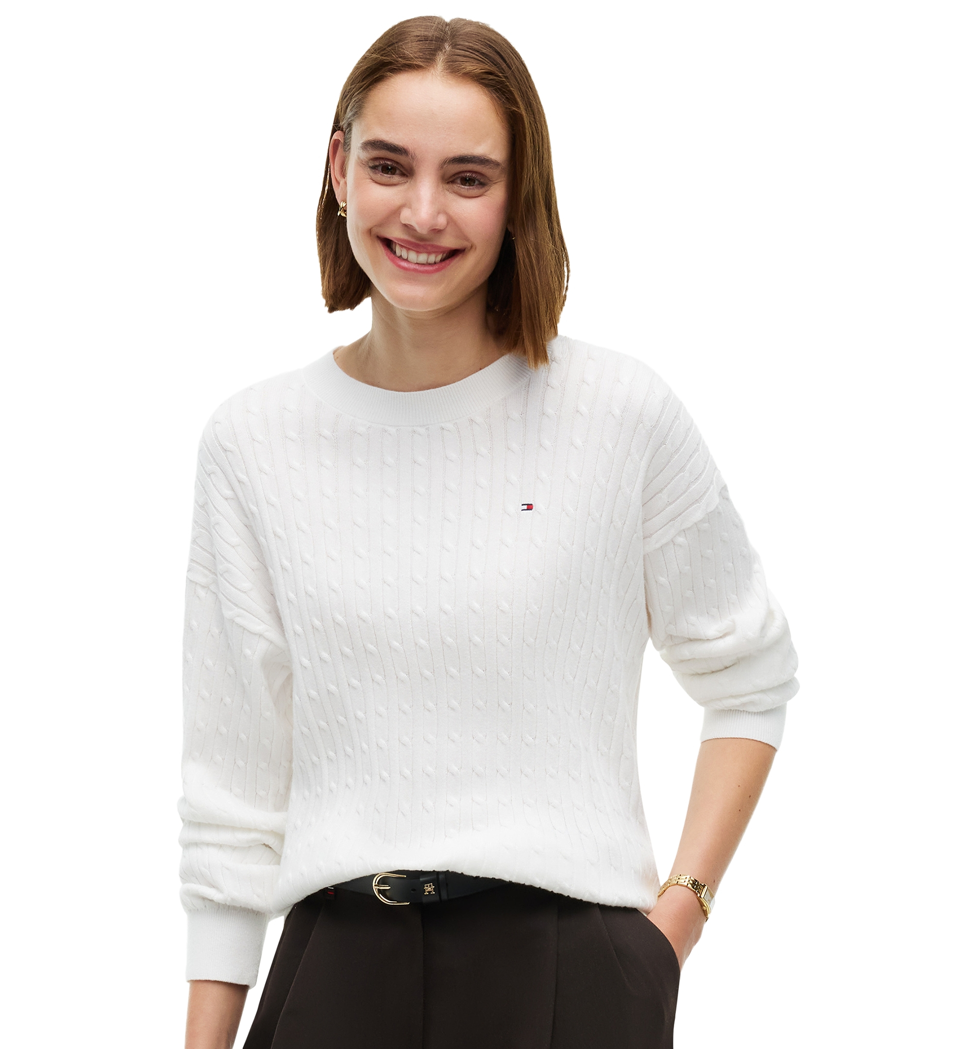 Tommy Hilfiger Women's Fine Gauge Cable-Knit Crewneck Sweater - Ecru