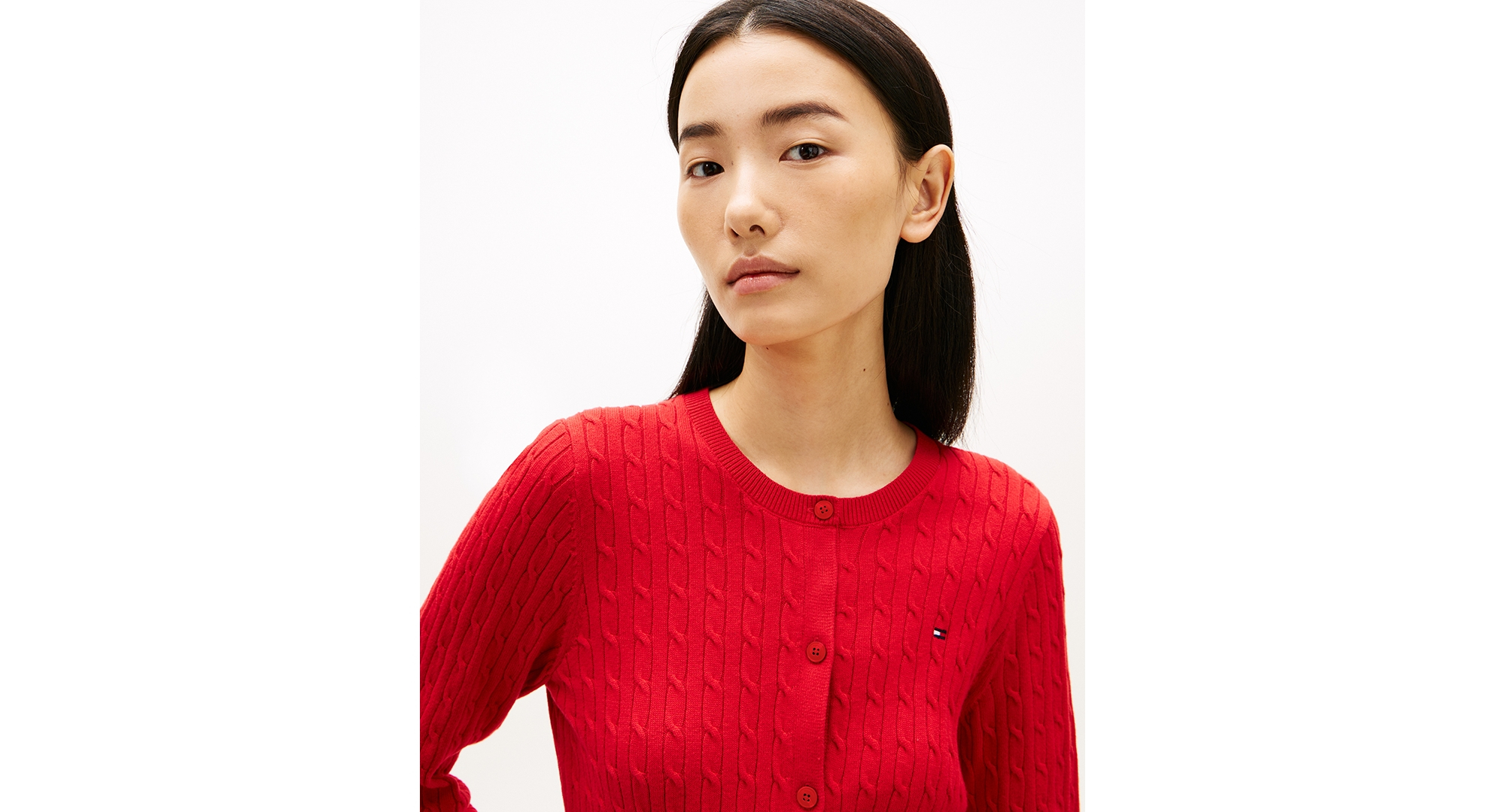 Tommy Hilfiger Women's Cable Knit Crew Neck Cardigan Sweater - Primary Red