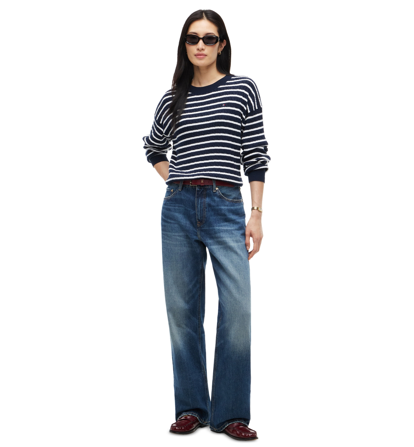 Tommy Hilfiger Women's Fine Gauge Cable-Knit Crewneck Sweater - Breton Stp Dark Blue Ecru