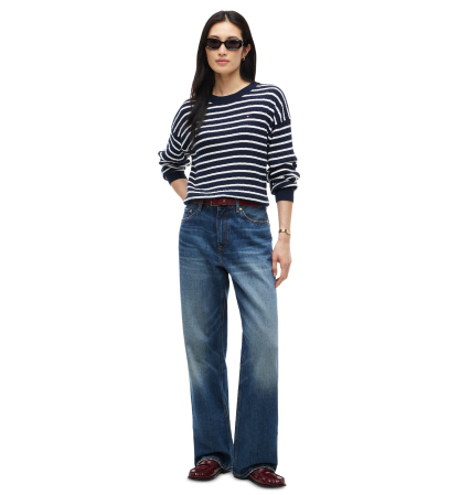 Tommy Hilfiger Women's Fine Gauge Cable-Knit Crewneck Sweater - Breton Stp Dark Blue Ecru