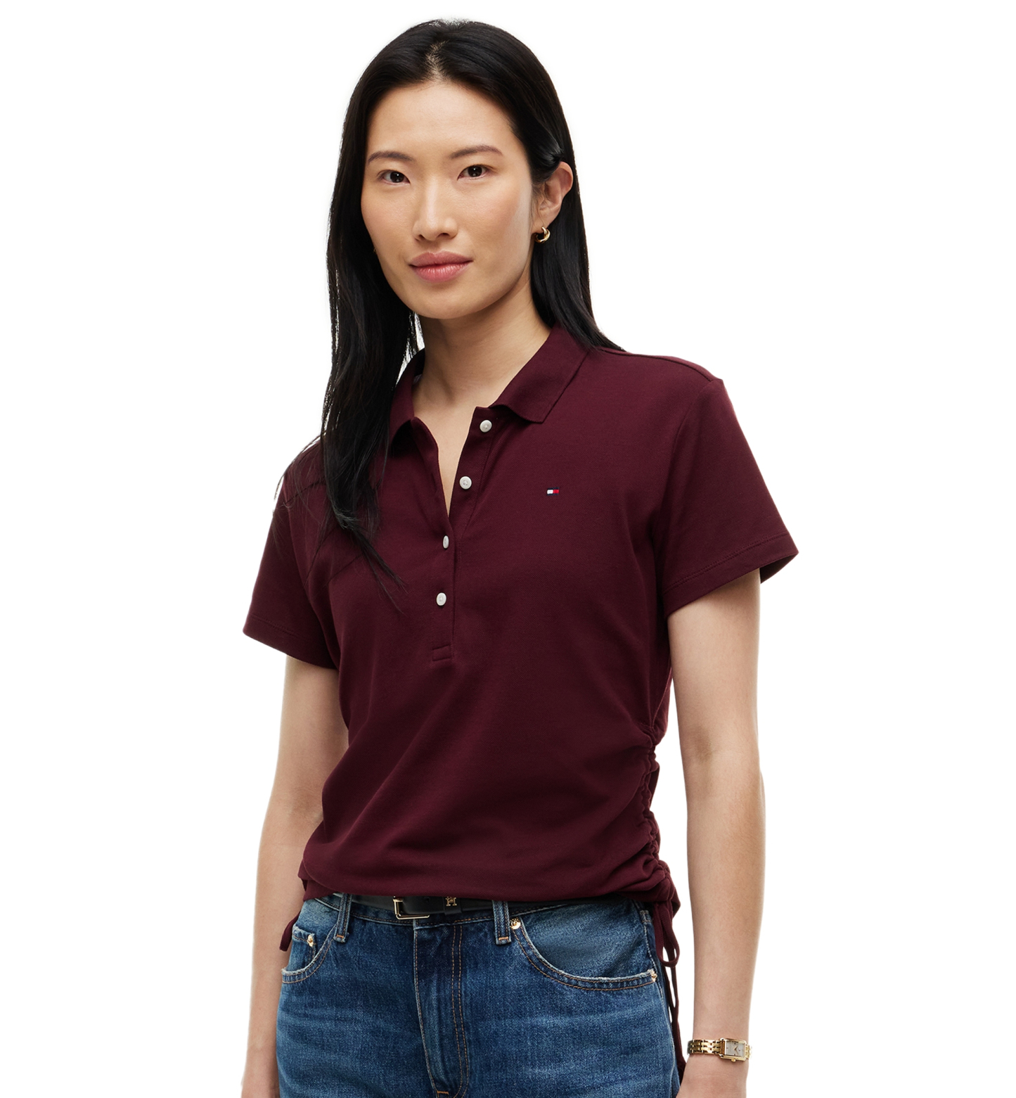 Tommy Hilfiger Women's Short-Sleeve Drawstring Polo Shirt - Deep Burgundy
