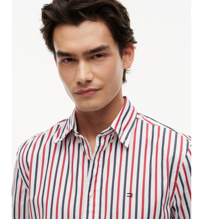 Tommy Hilfiger Regular-Fit Men's Flex Poplin Stripe Shirt - Medium Red / Multistripe