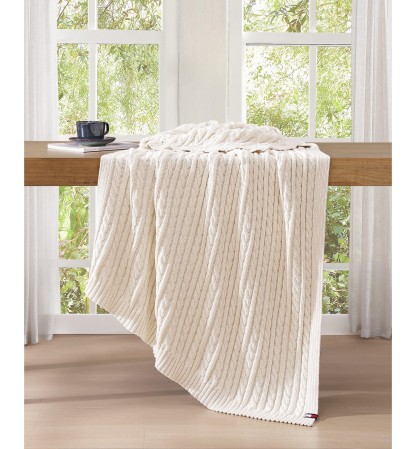 Tommy Hilfiger Solid Cotton Cable Knit Throw, 70" x 50" - Light Beig