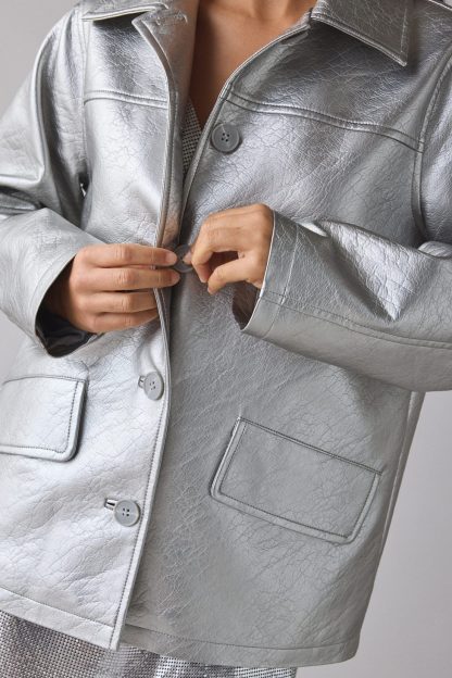 UO Sydney Faux Leather Oversized Dad Jacket - Silver