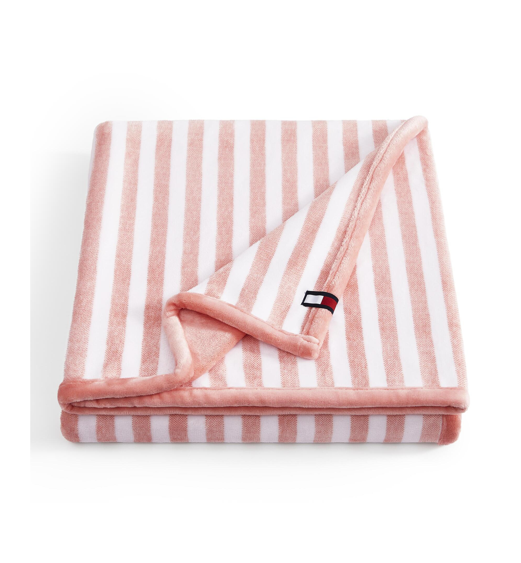 Tommy Hilfiger Laguna Beach Stripe Printed Plush Throw, 70" x 50" - White, Coral Pink