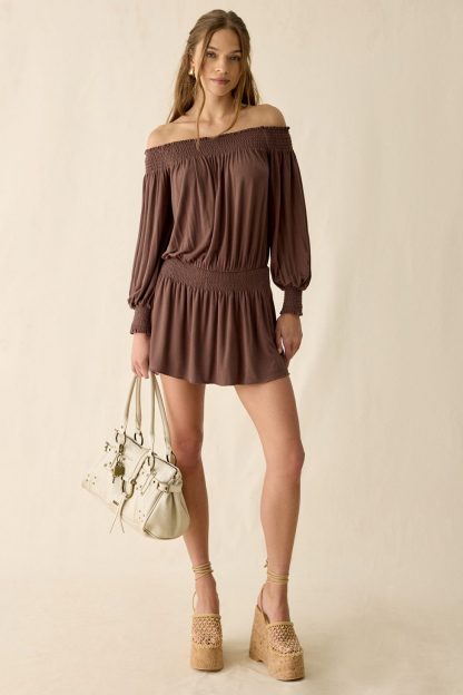 UO Night Shift Jersey Knit Off-The-Shoulder Long Sleeve Mini Dress - Brown