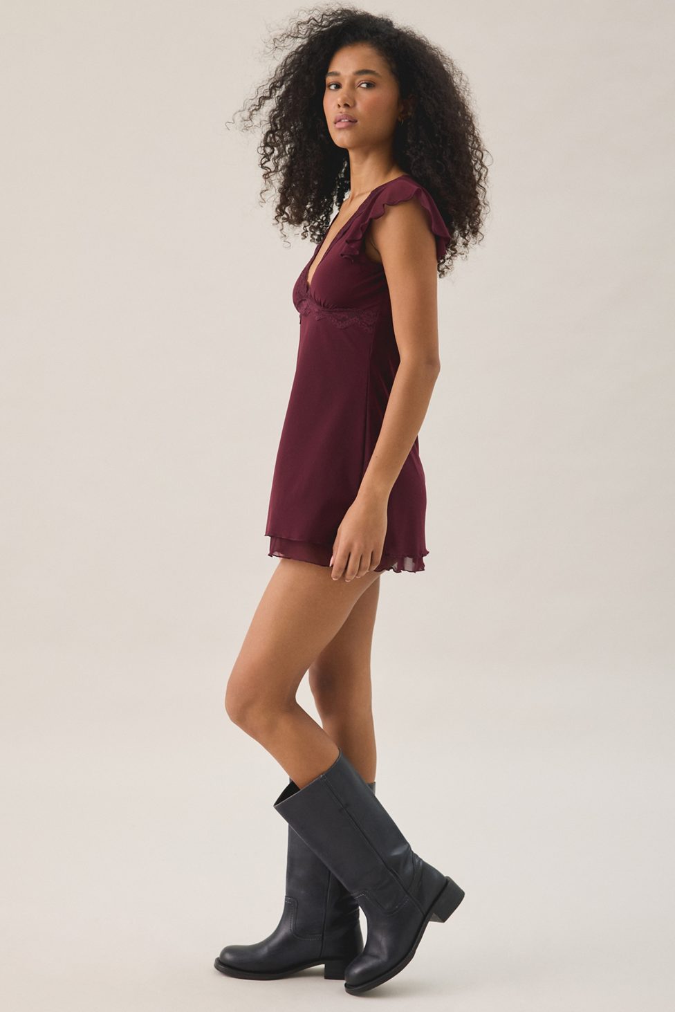 Out From Under Cecelia Mesh Ruffle Flutter Sleeve Sleep Dress - Maroon