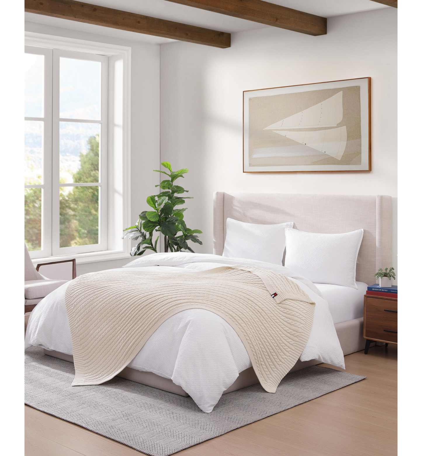 Tommy Hilfiger Solid Cotton Cable Knit Throw, 70" x 50" - Light Beig