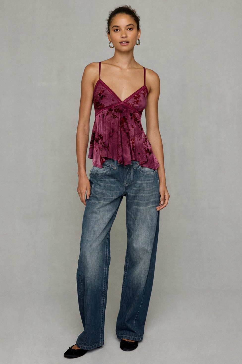 Kimchi Blue Celia Floral Burnout Lace Trim Babydoll Cami - Plum