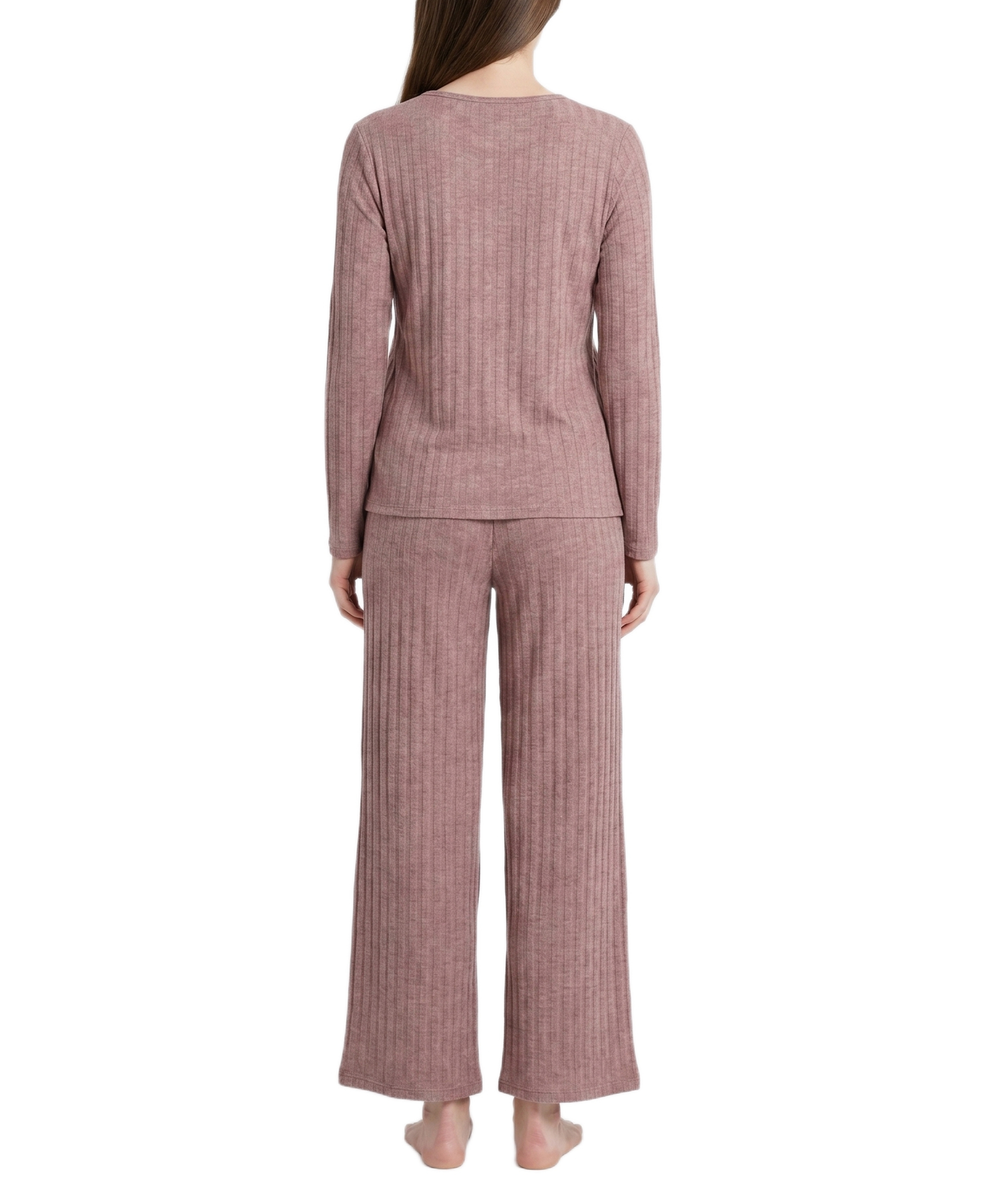 Tommy Hilfiger Women's Long-Sleeve Wide-Leg Cable-Jacquard Henley Top and Pant, 2-Piece Pajama Set - Rose Brown