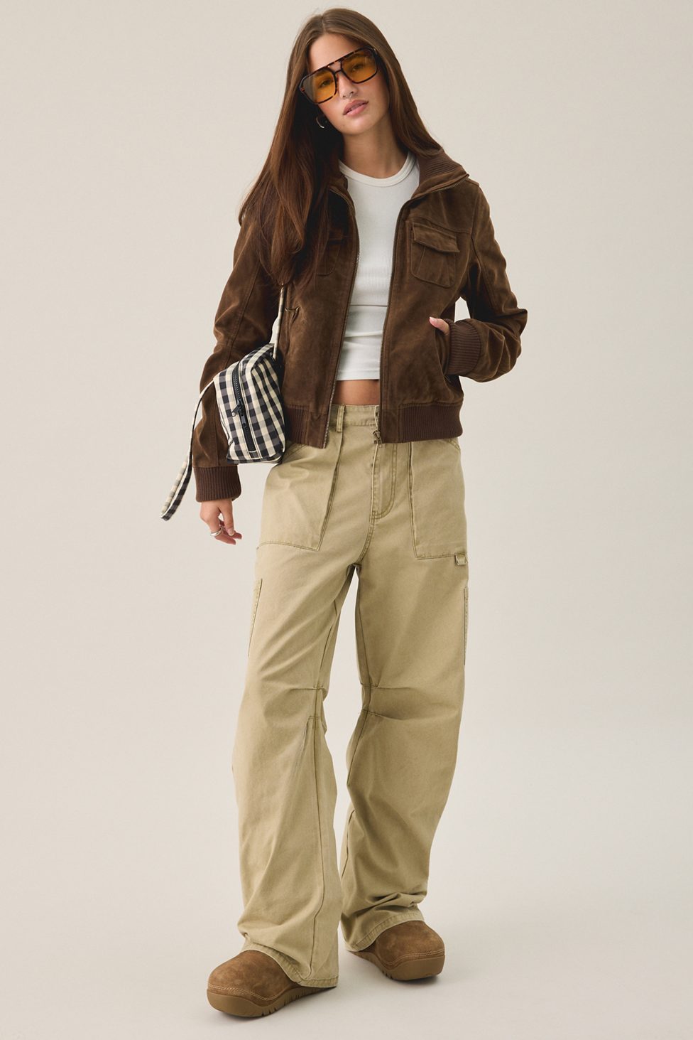 BDG Romy Faux Suede Bomber Jacket - Brown