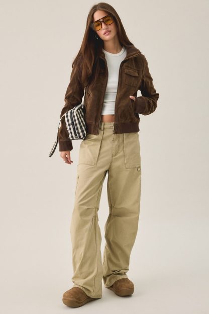 BDG Romy Faux Suede Bomber Jacket - Brown