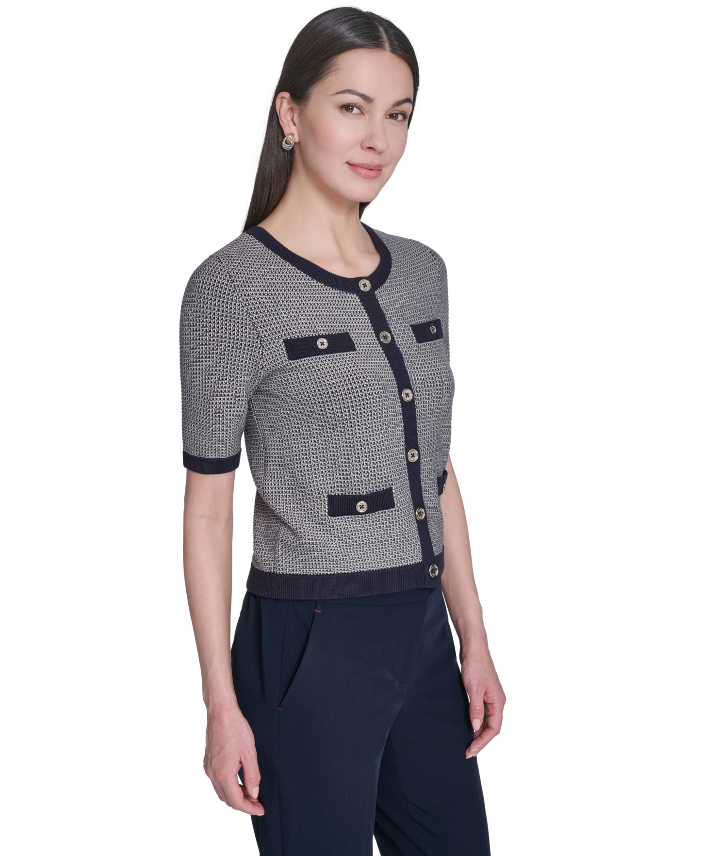 Tommy Hilfiger Women's Short-Sleeve Crewneck Sweater - Midnight/Whitecap