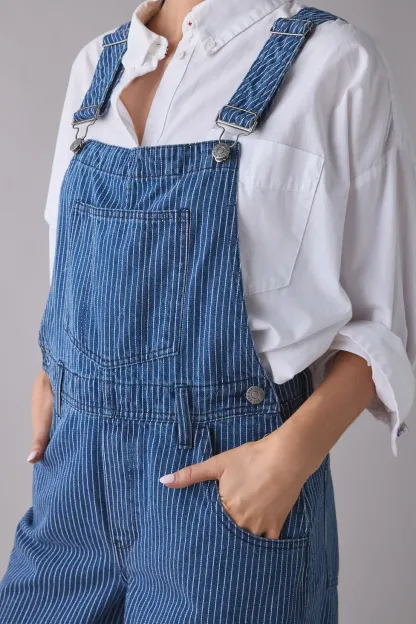 BDG Rih Pinstripe Extreme Barrel-Leg Overalls - Tinted Denim