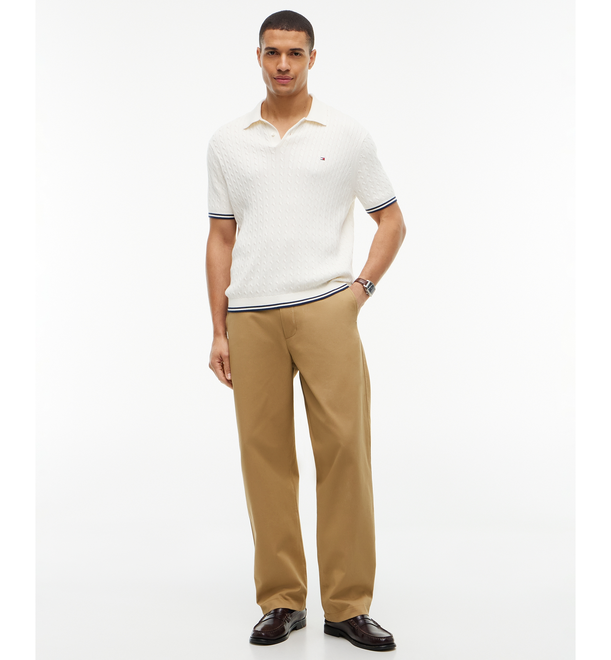 Tommy Hilfiger Men's Cable Knitted Short-Sleeve Sweater Polo Shirt - Ivory Petal