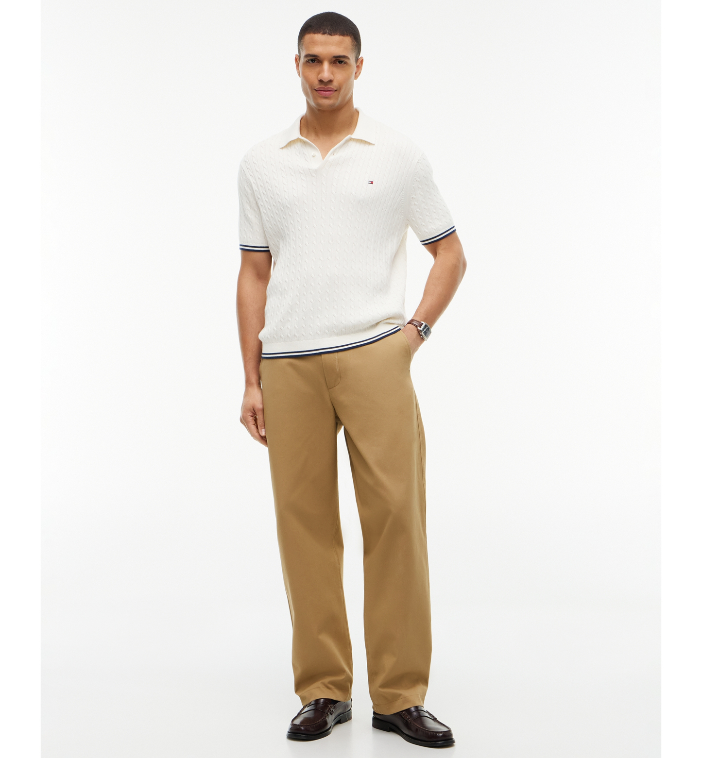 Tommy Hilfiger Men's Cable Knitted Short-Sleeve Sweater Polo Shirt - Ivory Petal