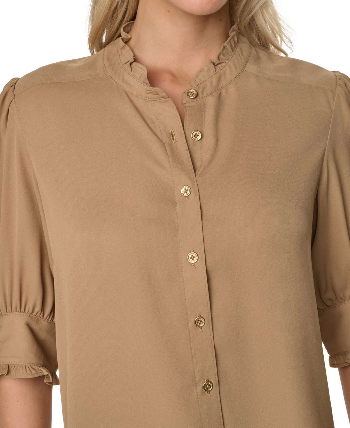 Tommy Hilfiger Women's Puff-Sleeve Ruffle Collared Shirt - Tigers Eye
