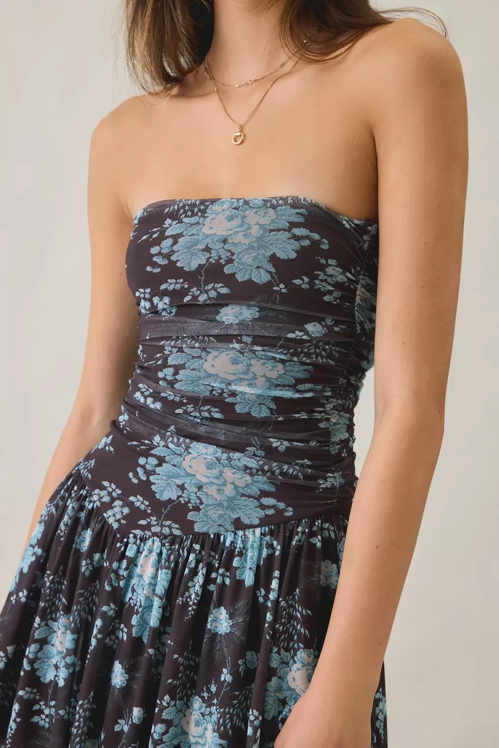 UO Modern Mesh Basque Waist Strapless Mini Dress - Brown + Blue Floral