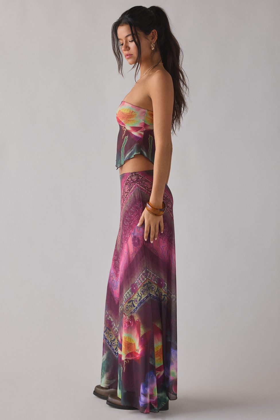 UO Shimmer Haze Printed Mesh Skirt 2-Piece Set - Purple