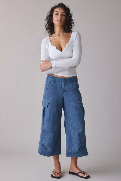 BDG A Cut Above Cropped Wide Leg Pants - Blue Stripe