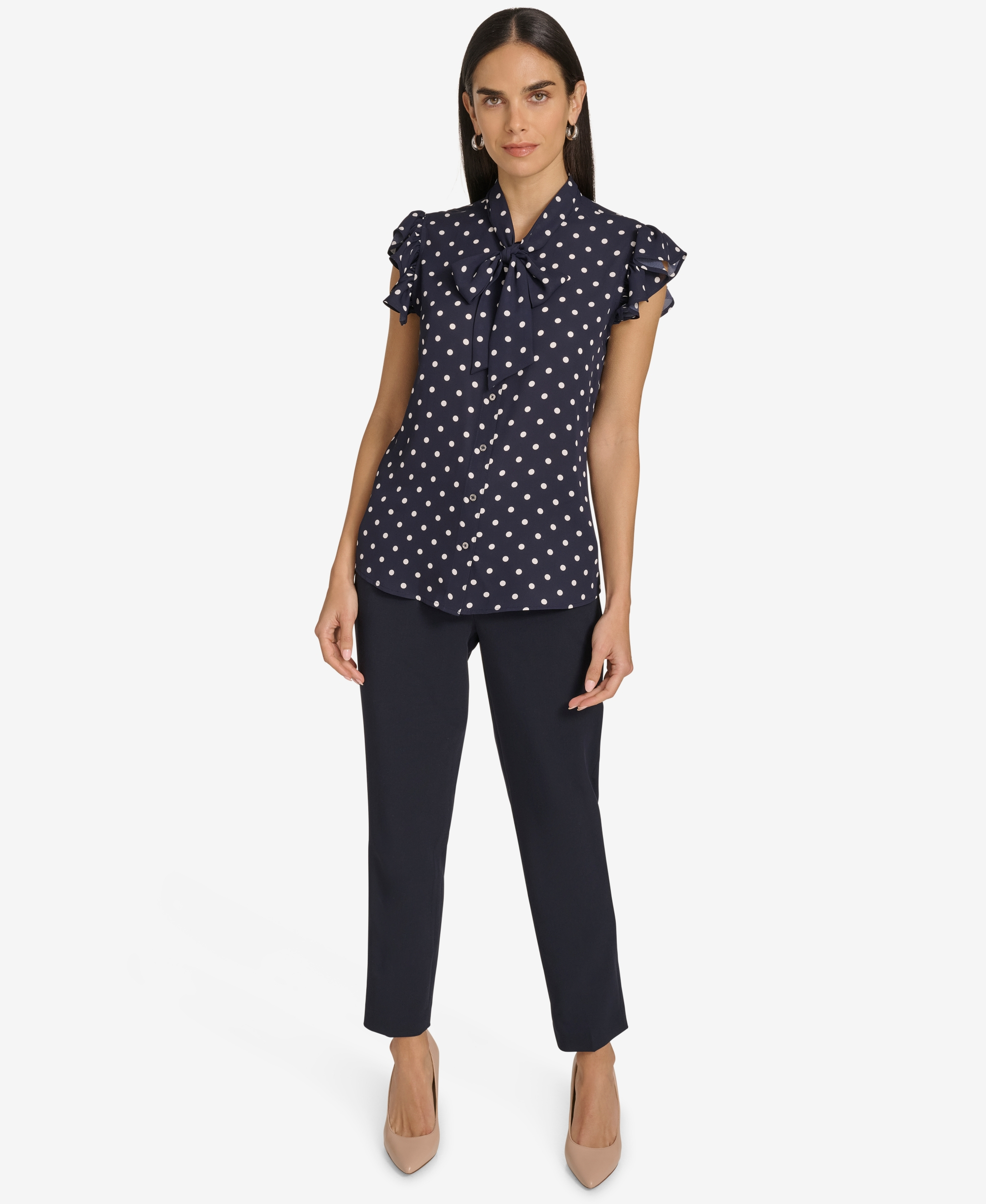 Tommy Hilfiger Women's Ruffle-Sleeve Bow Blouse - Midnight/Ivory
