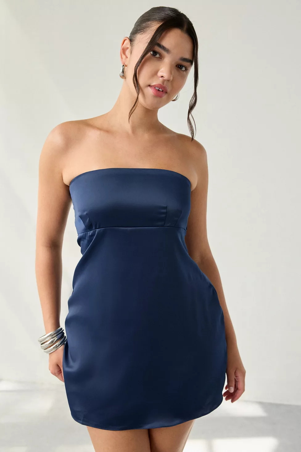 UO Mira Strapless Tie-Back Bow Satin Slip Mini Dress - Navy