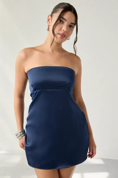 UO Mira Strapless Tie-Back Bow Satin Slip Mini Dress - Navy