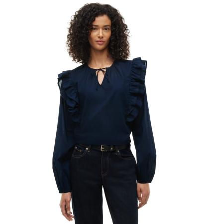 Tommy Hilfiger Women's Frill Detail Long-Sleeve Tie-Neck Top - Dark Blue