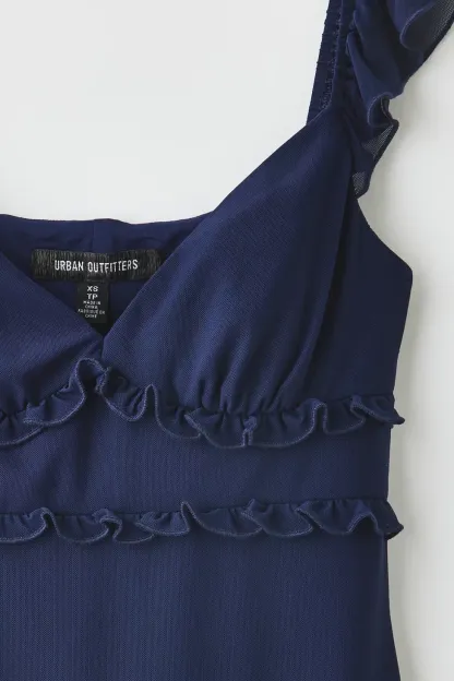 UO Nina Ruffle Trim Mesh Mini Dress - Navy