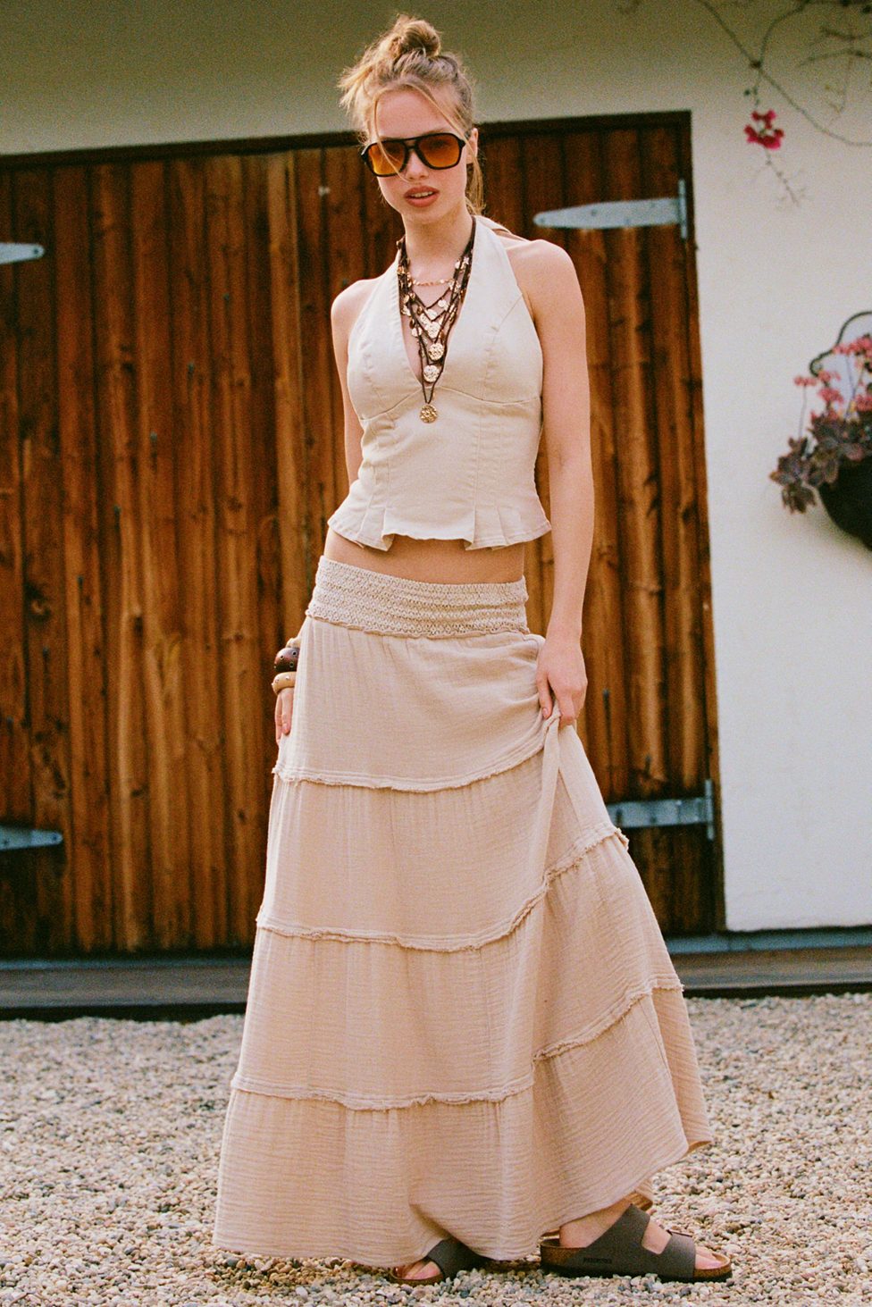 Kimchi Blue On My Mind Smocked Waist Tiered Maxi Skirt - Cream