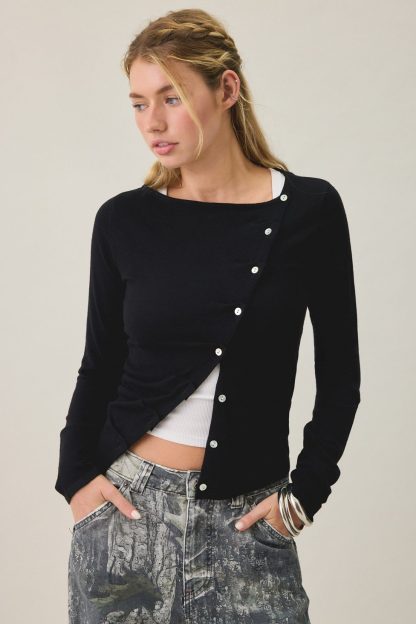 BDG Sutton Slanted Asymmetric Button Cardigan - Black