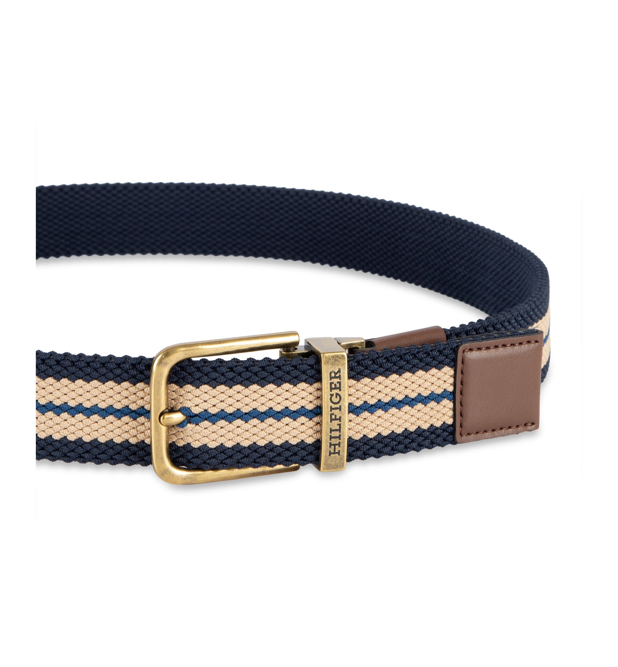35MM Tommy Hilfiger Men's Two-In-One Reversible Striped Stretch Cord Belt - Tan/Navy