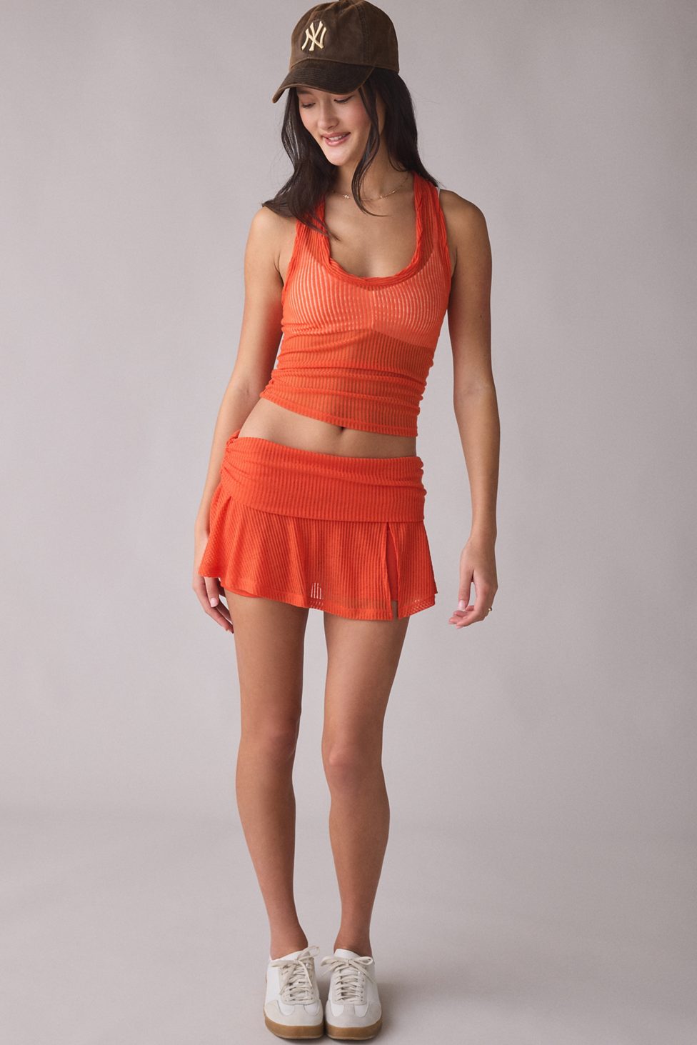 Out From Under Free Spirit Sheer Ribbed Foldover Mini Skort - Orange