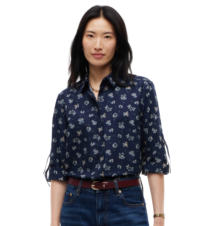 Tommy Hilfiger Women's Cropped Printed Roll-Tab Sleeve Shirt - Traditional Floral Dark Blue
