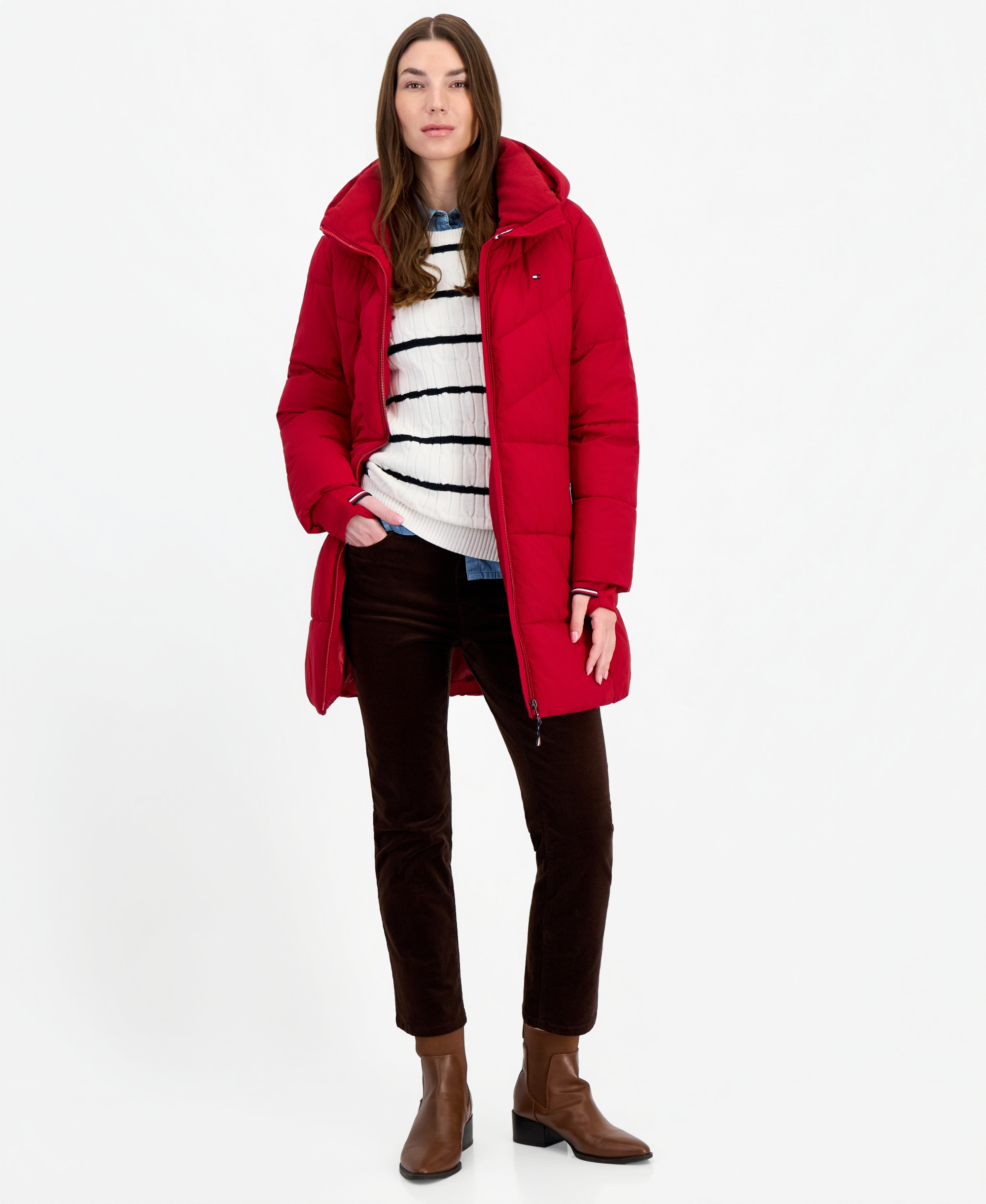 Tommy Hilfiger Women's Chevron-Quilted Puffer Coat - Crimson