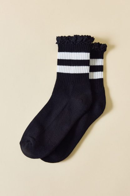 Lace-Trim Striped Athletic Socks - Black + White Stripes