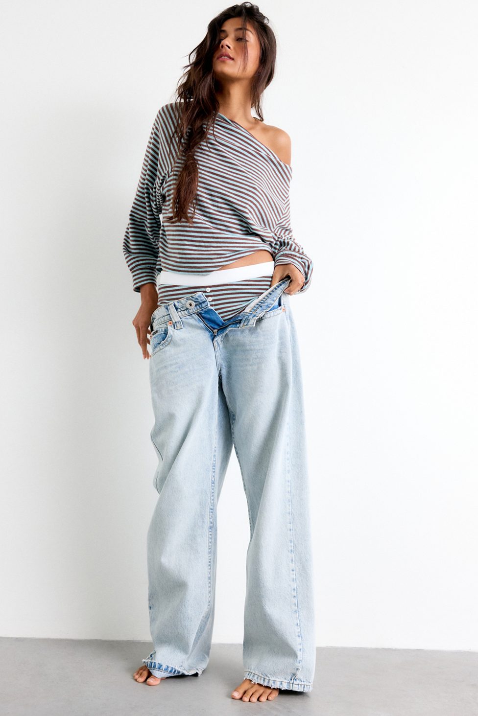 Out From Under All Nighter Striped Off-The-Shoulder Sweatshirt - Blue Stripe